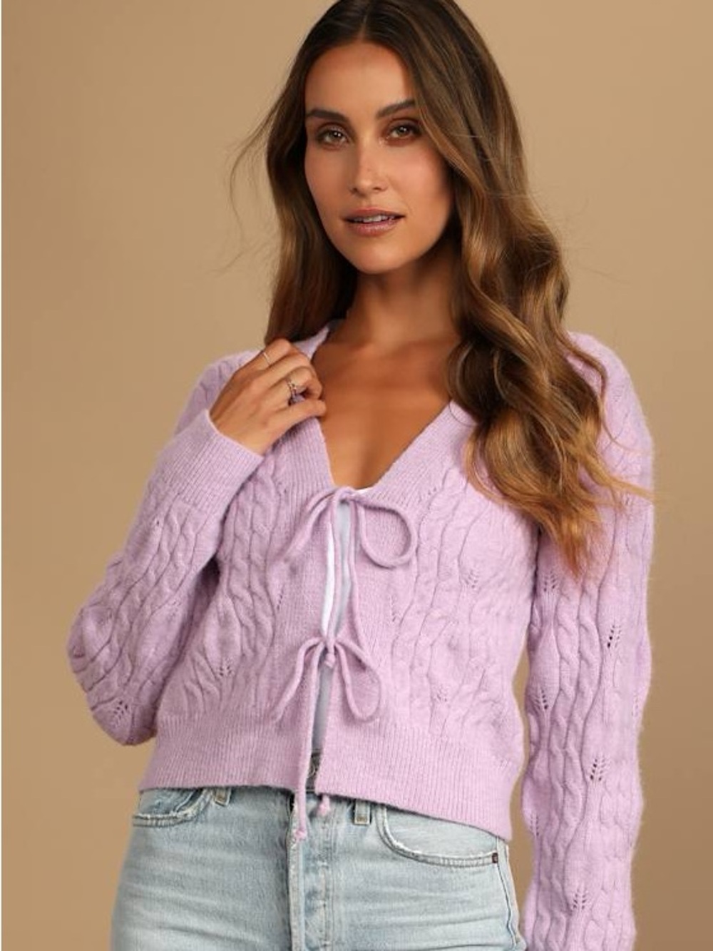 *IN STORE CURRENTLY* Make it a Lovely Day Lavender Cable Knit Tie-Front Cardigan
